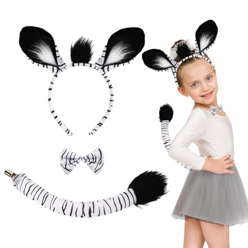 TUONYIS 3-teiliges schwarz-weißes Tier-Set, Ohren, Stirnband und Schwanz, Fliege, zum Spielen von Zebras oder Tigern, für Tierkostüm, Geburtstagsparty, Halloween, Kostümparty, Cosplay (3 Stück) von TUONYIS