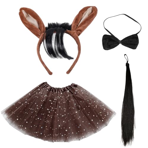 TUONYIS 4 Stück Braunes Pferd Kostüm Set,Pferdeohren an Stirnband und Schwanz Tail Fliege Sternrockanzug Set,Anziehen von Eselpferd Accessoires, für Kid Christmas Children's Day Farm Party(Braun) von TUONYIS