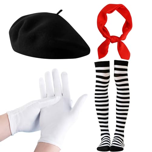 TUONYIS 4 Stück Pantomime Kostüm Damen Herren, Mime Kostüm Pantomime Kostüm Set Schwarz Baskenmütze, Tuch Rot, Strümpfe Schwarz Weiß Gestreift, Handschuhe für Halloween Kostüm, Faschingskostüme (4) TUONYIS 4 Stück Pantomime Kostüm Damen Herren, Mime Kostüm Pantomime Kostüm Set Schwarz Baskenmütze, Tuch Rot, Strümpfe Schwarz Weiß Gestreift, Handschuhe für Halloween Kostüm, Faschingskostüme (4) von TUONYIS