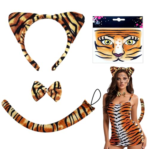 TUONYIS 4 Stück Tiger Kostüm,Tier Kostüm Set Tiger Ohren Stirnband,Tiger Tattoos Gesicht,Fliege Kragen und Schwanzset,Tier Fancy Kleid Zubehör für Kinder Erwachsene Karneval Halloween Party (Braun) von TUONYIS