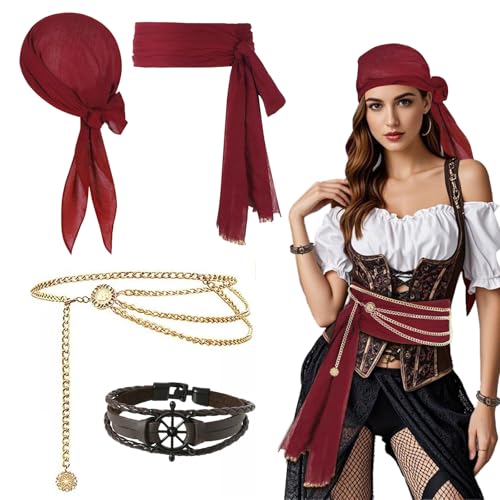 TUONYIS 4 Stücke Piratenkostüm Damen Zubehör, Mittelalter Piratenkapitän Kostümzubehör, Piraten Kopftuch, Taillenkette, Taillengürtel, Armband, Karneval Kostüm Pirat, für Cosplay Halloween (Rot) TUONYIS 4 Stücke Piratenkostüm Damen Zubehör, Mittelalter Piratenkapitän Kostümzubehör, Piraten Kopftuch, Taillenkette, Taillengürtel, Armband, Karneval Kostüm Pirat, für Cosplay Halloween (Rot) von TUONYIS