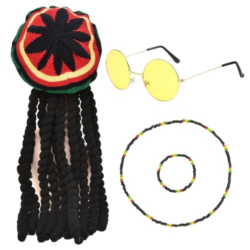 TUONYIS 4-teiliges Rasta-Set, Reggae-Kostüm-Zubehör, karibisches Rasta-Kostüm-Set, jamaikanische geflochtene Dreadlocks-Perücke, gelbe Brille, Armband, Halskette, für Halloween, Cosplay, Maskerade von TUONYIS