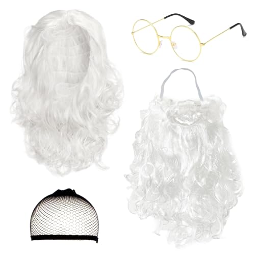 TUONYIS 4-teiliges Weihnachtsmann-Bart- und Perücken-Set, Weihnachtsmann-Perücke, Haarnetz und Sonnenbrille, Weihnachtsmann-Kostüm-Zubehör für Erwachsene, Urlaubskostüm, Weihnachten, Cosplay, Party (4 TUONYIS 4-teiliges Weihnachtsmann-Bart- und Perücken-Set, Weihnachtsmann-Perücke, Haarnetz und Sonnenbrille, Weihnachtsmann-Kostüm-Zubehör für Erwachsene, Urlaubskostüm, Weihnachten, Cosplay, Party (4 von TUONYIS