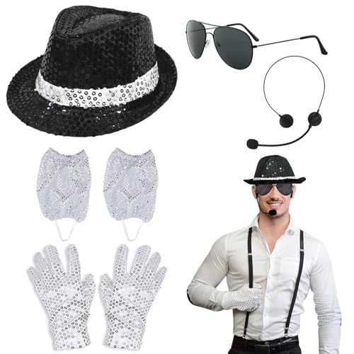 TUONYIS 5 Pcs Kostüm Zubehör für Erwachsene Kinder,Pailletten Handschuhe Pailletten Hut Kopf Mikrofon Sonnenbrille Pailletten Socke,80er Jahre Rocker Star Disco Zubehör für Halloween Cosplay (Silber) von TUONYIS