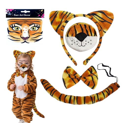 TUONYIS 5 Stück Tigerkostüm für Kinder,Tigerohren und Schwanznasenfliege Temporäres Gesicht Tattoo Aufkleber,Tiger Kostüm Outfit -Accessoires für Carnival Fancy Kleid Cosplay Carnival(Tiger) von TUONYIS