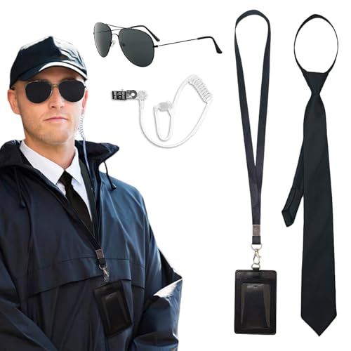 TUONYIS 5 Stücke Agenten Zubehör Set, Chauffeur Kostüm Zubehör Set, mit Sonnenbrille, Krawatte, Kartenhalter, Ohrhörer Schlauch, Wachmann Cosplay Set, für Karneval Fasching Halloween (Schwarz) von TUONYIS