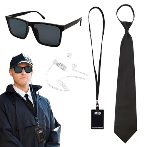 TUONYIS 5 Stücke Agenten Zubehör Set, Geheimdienst Kostüm Set Spion Kostüm Zubehör, mit Sonnenbrille, Krawatte, Kartenhalter, Ohrhörer Schlauch, ID Karte, Wachmann Cosplay Set, für Karneval (Schwarz) TUONYIS 5 Stücke Agenten Zubehör Set, Geheimdienst Kostüm Set Spion Kostüm Zubehör, mit Sonnenbrille, Krawatte, Kartenhalter, Ohrhörer Schlauch, ID Karte, Wachmann Cosplay Set, für Karneval (Schwarz) von TUONYIS