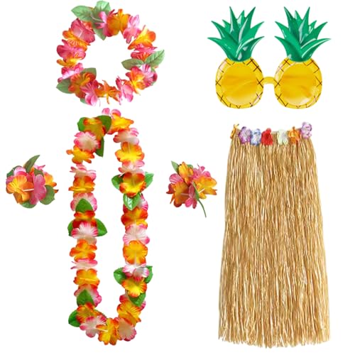 TUONYIS 6 Stück Hawaii Gras Röcke Kostüm Set, Blumen Halskette Blumen Armbänder Stirnband Ananasgläser,Bastrock Hawaii für Erwachsene Party Fancy Dress und Tropical Beach Strand Party(6 Stück) von TUONYIS
