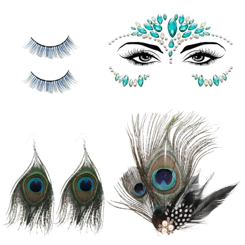 TUONYIS 6 Stück Pfau Kostüm Damen Set, Pfauenfedern Haarschmuck, Bunte Wimpern, Glitzersteine Gesicht, Ohrringe, Pfau Accessoires zum Halloween Karneval Cosplay, Mottoparty, Cosplay (Grün) von TUONYIS