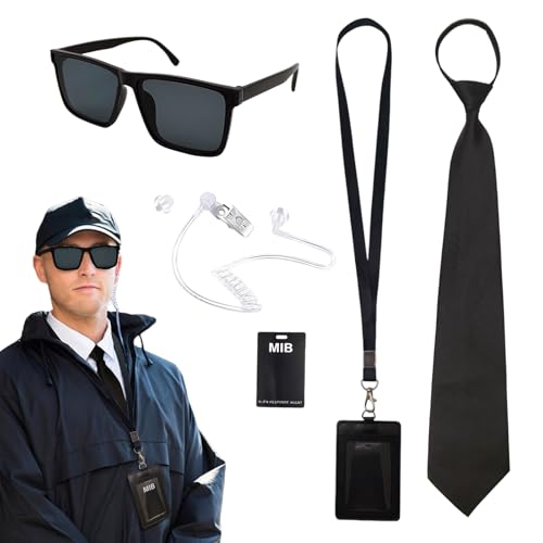 TUONYIS 6 Stücke Agenten Zubehör Set, Geheimdienst Kostüm Set Spion Kostüm Zubehör, mit Sonnenbrille, Krawatte, Kartenhalter, Ohrhörer Schlauch, ID Karte, Wachmann Cosplay Set, für Karneval (Schwarz) von TUONYIS
