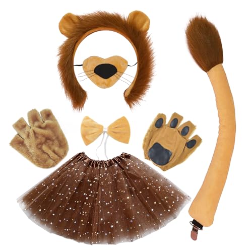 TUONYIS 6-teiliges Löwen-Kostüm-Zubehör-Set, Plüsch-Ohren, Haarband, Fliege, Nasenschwanz, Fäustlinge, Sternrock, Anzug, für Mädchen, Tierkostüm, Cosplay, Kleid, Party, Geburtstag, Halloween, Löwe TUONYIS 6-teiliges Löwen-Kostüm-Zubehör-Set, Plüsch-Ohren, Haarband, Fliege, Nasenschwanz, Fäustlinge, Sternrock, Anzug, für Mädchen, Tierkostüm, Cosplay, Kleid, Party, Geburtstag, Halloween, Löwe von TUONYIS