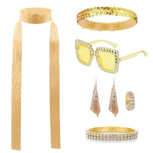 TUONYIS 7 Stück 70er 80er Jahre Disco Zubehör Accessoires, Disco Outfit Damen, Glitzer Pailletten Schal, Sonnenbrille Ohrringe Armband Stirnband und ring, für Fasching Karneval Kostüm Party (Gold) TUONYIS 7 Stück 70er 80er Jahre Disco Zubehör Accessoires, Disco Outfit Damen, Glitzer Pailletten Schal, Sonnenbrille Ohrringe Armband Stirnband und ring, für Fasching Karneval Kostüm Party (Gold) von TUONYIS