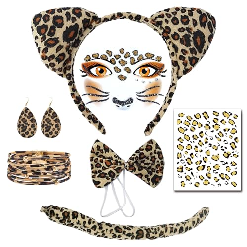 TUONYIS 7-teiliges Leopardenmuster-Kostüm-Set, Leoparden-Gesicht, Aufkleber, Ohr-Stirnband, Schwanz, Armband, Krawatte, Leoparden-Tattoo, Ohrdekoration, für Karneval, Cosplay, Weihnachten, Party, TUONYIS 7-teiliges Leopardenmuster-Kostüm-Set, Leoparden-Gesicht, Aufkleber, Ohr-Stirnband, Schwanz, Armband, Krawatte, Leoparden-Tattoo, Ohrdekoration, für Karneval, Cosplay, Weihnachten, Party, von TUONYIS