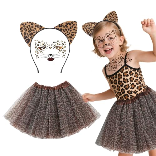 TUONYIS Leoparden Kostüm Set, Leoparden Ohren Haarreif leoparden Tutu Rock Gesichtstattoo Karneval kostüm Accessorie für Kinder Karneval Cosplay Halloween Party (Braun) von TUONYIS