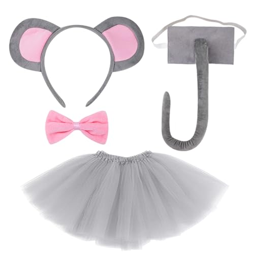 TUONYIS Mausohren-Haarreif, mit Maus, Krawatte, Mausschwanz, Tutu, Rock, Maus, Tierkostüm, Kopfschmuck für Kinder, Fasching, Cosplay, Karneval, Halloween, Kostüm (grau) von TUONYIS