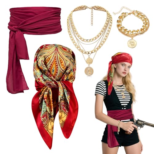 TUONYIS Piratenkapitän Kostümzubehör, Mittelalterliches Piratenkostüm-Zubehör-Set für Erwachsene, Bandana, Schärpe, Gürtel, Halskette und Armband für Halloween-Party, 4 Stück (rot) von TUONYIS