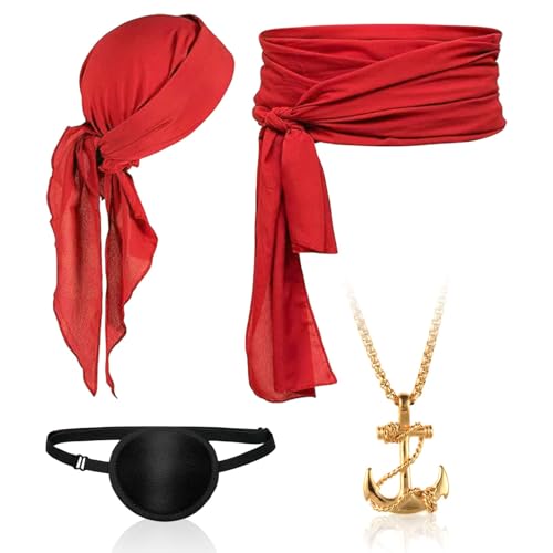 TUONYIS Piratenkostüm-Zubehör-Set, Vintage-Kapitän-Piraten-Zubehör mit rotem Piraten-Bandana-Gürtel, für Damen und Herren, Piraten-Zubehör, Karneval, Halloween, Cosplay, Piratenparty (rot) von TUONYIS