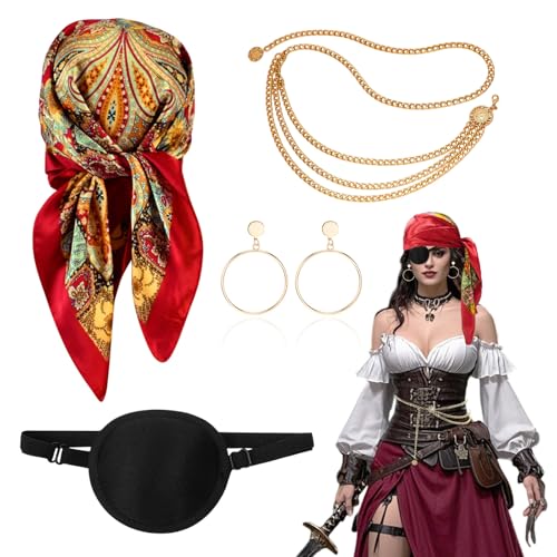 TUONYIS 4 Stück Piratenkostüm Damen Zubehör,Mittelalter Rotes Geblümtes Stirnband Schwarze Augenmaske Taillenkette Ohrschmuck,Piratenkostüm Damen für Halloween Karneval(Rot) von TUONYIS