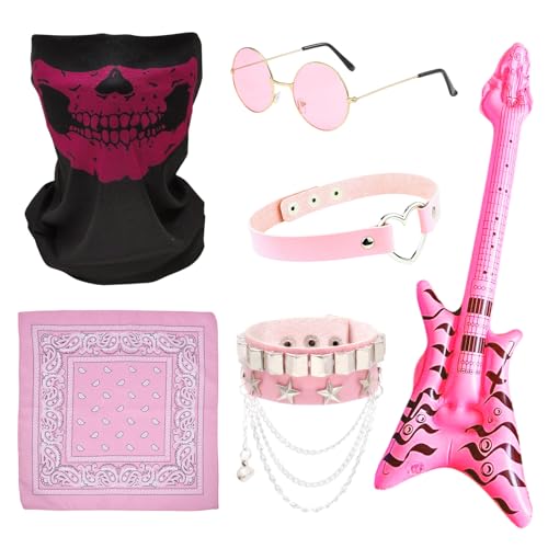TUONYIS 6 Stück Punk Rockstar Fancy Dress Kostüm,Rosa Rockstar Kostüm,70er 80er 90er Jahre,Rockstar Zubehör mit Sonnenbrille Bandana Armband Maske Aufblasbare Gitarre für Herren Damen Party(Rosa) von TUONYIS