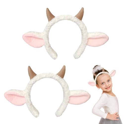 TUONYIS Tierkopf Schaf-Stirnband mit Schafsohren und Hörnern, weißes Lammkostüm, Plüsch, Schafsohren, niedliche Lampe, Cosplay, Haarband, Tierschaf Erwachsene Kinder Verkleidung (weiß rosa) von TUONYIS