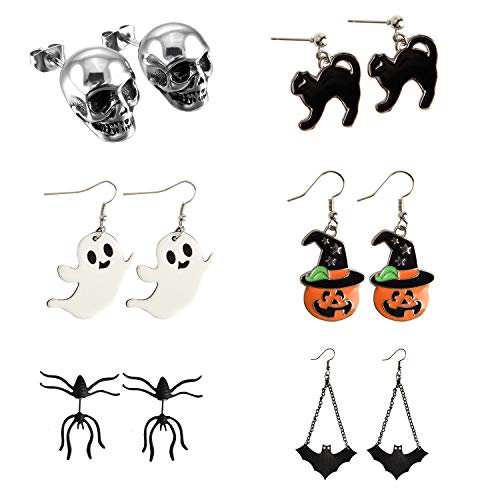 TUPARKA 6 Paar Halloween Ohrringe, Kürbis Skelett Schädel Kopf Fledermaus Spinne Geist Schwarze Katze Charm Ohrstecker Ohrringe Schmuck Set Halloween Party Dekorationen TUPARKA 6 Paar Halloween Ohrringe, Kürbis Skelett Schädel Kopf Fledermaus Spinne Geist Schwarze Katze Charm Ohrstecker Ohrringe Schmuck Set Halloween Party Dekorationen von TUPARKA