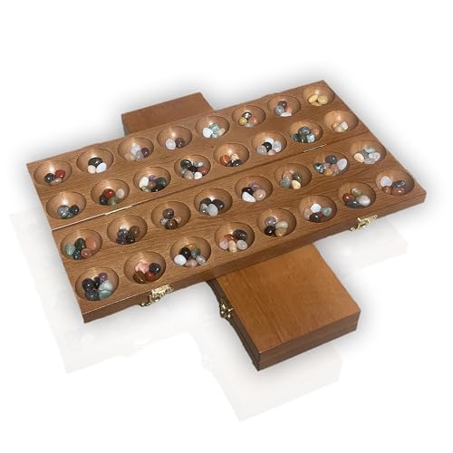 TURINTO Naturholz Hus Steinchenspiel Bao Kalaha Mancala Edelsteinspiel inklusive Edelsteinen Brettspiel Gesellschaftsspiele als Geschenk für Kinder (Inkl. goldenem Metallverschluss) von TURINTO