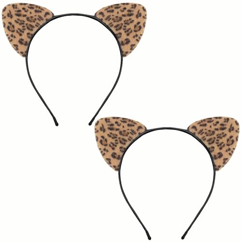 TUTKIMUS 2 Pack Katzenohren Stirnband, weiches pelziges Katzenohr für Frauen Jungen & Mädchen, Cosplay Party Rollenspiel Katzen Kostüm Zubehör, Leoparden-Print, Medium von TUTKIMUS