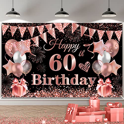 60. Geburtstagsfeier Dekorationen Banner für Frauen, 60. Geburtstag Deko Banner Schwarz Roségold, Extra Groß Stoff 60th Geburtstag Hintergrund Schild Poster Banner für Jubiläum Geburtstagsdeko von TUTUXMA