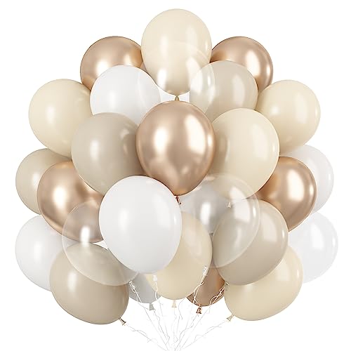 Luftballons Weiß Gold, 60 Stück Beige Gold Helium Latexballon mit Transparent Luftballons, 12 Zoll Sandweiß Creme und Metallic Gold Weiss Nude Partyballons für Boho Geburtstag Party Dekoration von TUTUXMA