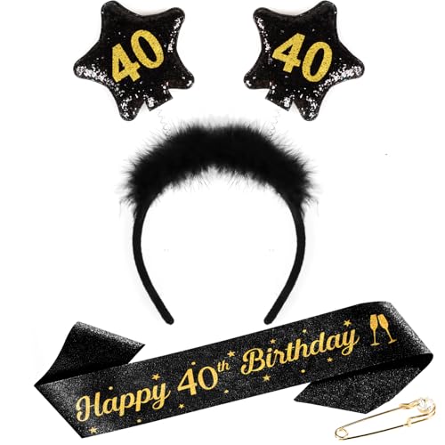 TUZELIYA 40. Geburtstag Frauen Männer - 40 Geburtstag Kopfschmuck mit Geburtstagsgürtel, Anstecknadel - Haarschmuck Glitter Schärpe für Birthday Party Dekorationen von TUZELIYA