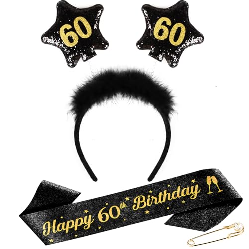 TUZELIYA 60 Geburtstag Frauen Männer - 60. Geburtstag Kopfschmuck mit Geburtstagsgürtel, Anstecknadel - Haarschmuck Glitter Schärpe für Birthday Party Dekorationen von TUZELIYA