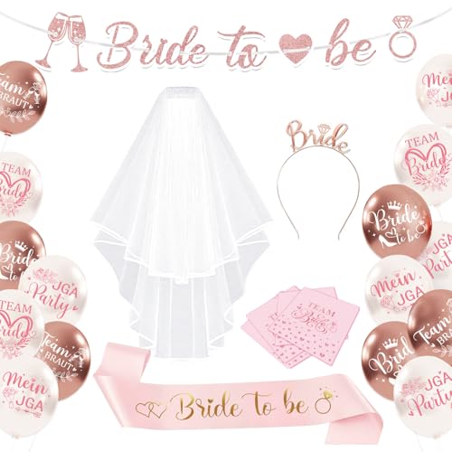 TUZELIYA JGA Deko, Bride to be Deko, Frauen Junggesellinnenabschied Set inkl. Schärpe Tiara Schleier Banner Servietten Luftballons, JGA Accessoires Frauen für Junggesellinnenabschied Abschied TUZELIYA JGA Deko, Bride to be Deko, Frauen Junggesellinnenabschied Set inkl. Schärpe Tiara Schleier Banner Servietten Luftballons, JGA Accessoires Frauen für Junggesellinnenabschied Abschied von TUZELIYA