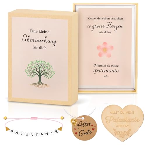 TUZELIYA Patentante Geschenk - mit Patentante Armband Alphabet Herzförmiges Holzschild und Babyfuß Anhänger - Handgefertigte Geschenkbox zur Patentante Fragen - Willst Du Meine Patentante Werden TUZELIYA Patentante Geschenk - mit Patentante Armband Alphabet Herzförmiges Holzschild und Babyfuß Anhänger - Handgefertigte Geschenkbox zur Patentante Fragen - Willst Du Meine Patentante Werden von TUZELIYA