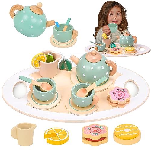 TUZHE Teeservice Kinder Holz Set, Spielküche Zubehör Matschküche Zubehör Kinderküche Puppengeschirr Teeparty Spielküche Rollenspiele Geschenk für Kinder Mädchen Jungen von TUZHE