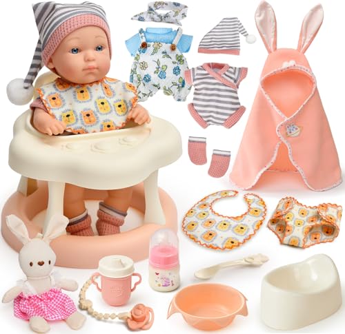 TUZT Baby Puppe Zubehör Babypuppe Pflegeset Spielzeug, Baby Puppenspielzeug, Lauflernwagen, Hasen Puppe, Puppenkleidung, Nippel, Puppenzubehör, Rollenspiel Spielzeug Geschenk für Mädchen 3 4 5 6 Jahre von TUZT