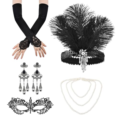 TVSVKWE 1 Set mit passenden Accessoires, Feder-Haarband, Halskette, Ohrringe, Handschuhe und Augenmasken, Retro-Mode, Maskerade, Partykleid, Dekoration. TVSVKWE 1 Set mit passenden Accessoires, Feder-Haarband, Halskette, Ohrringe, Handschuhe und Augenmasken, Retro-Mode, Maskerade, Partykleid, Dekoration. von TVSVKWE