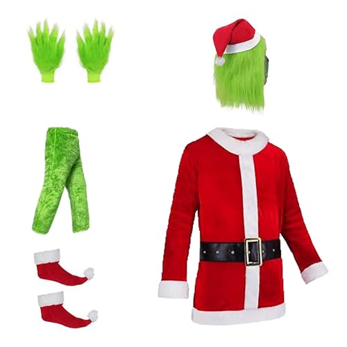 TWEFGFT Weihnachtsmann Kostüm Set, 7Pcs G Rinch Kostüm Erwachsene Grünes Monster Cosplay G Rinch Anzug mit Hut Masken Top Hose Handschuhe, Nikolaus Kostüm for Weihnachten Parties (L) von TWEFGFT