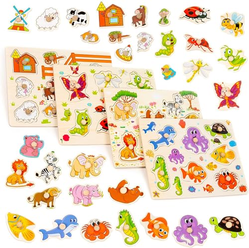THE TWIDDLERS 4 Holzpuzzle Steckpuzzle Greifpuzzle für Babys & Kleinkinder - Montessori Lernspielzeug, Bauernhof, Dschungeltiere, Meerestiere & Insekten THE TWIDDLERS 4 Holzpuzzle Steckpuzzle Greifpuzzle für Babys & Kleinkinder - Montessori Lernspielzeug, Bauernhof, Dschungeltiere, Meerestiere & Insekten von THE TWIDDLERS