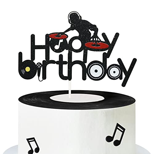 DJ Happy Birthday Cake Topper, Disco Birthday Party Decorations Supplies, Hip Hop Theme Cake Decor (Black Glitter) von TWO MUCH FUN