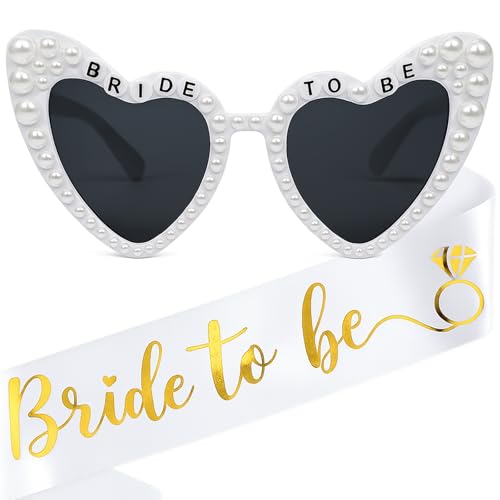 TWPER Bride Sonnenbrille Schärpe Set für Junggesellinnenabschied, Weiße Perle Herz Brille mit Bride to Be Satin Schärpe, Brautdusche Geschenke, Hochzeit Accessoires Verlobung Foto Requisiten TWPER Bride Sonnenbrille Schärpe Set für Junggesellinnenabschied, Weiße Perle Herz Brille mit Bride to Be Satin Schärpe, Brautdusche Geschenke, Hochzeit Accessoires Verlobung Foto Requisiten von TWPER
