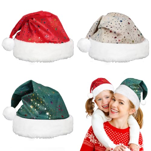 Weihnachtsmütze für Erwachsene,Nikolausmütze Plüsch Weihnachtsmützen,Weihnachtsmann Mütze mit Sternmuster,Weihnachtszubehör Weihnachts Weihnachtsfeiern Geschenk für Frauen,Männer (Rot Grün Beige 3PCS) von TWSOUL