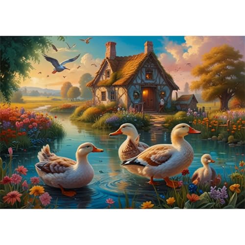 TWYYDP Puzzle 1000 Teile für Erwachsene Flusslandschaft Mit Enten und Häusern Holzpuzzle Gemälde Zum Sammeln von TWYYDP