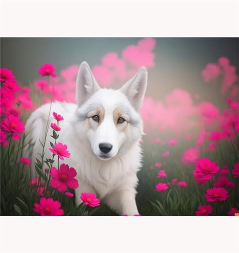 TWYYDP Puzzle 1500 Teile Erwachsene,Weißer Schäferhund in Blumen Holzpuzzle,Wanddekoration für Wohn- und Schlafzimmer von TWYYDP