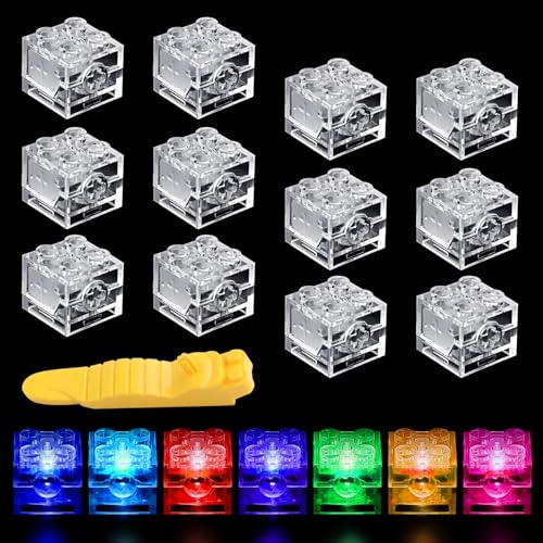 TXErfolg 12 Stück LED Leuchtende Bausteine 2x2cm Quadrat Leuchtsteine Transparent Bausteine Lampe mit Ziegelstarter, Bausteinteile Set Spielzeug Kompatibel mit Allen Großen Marken von TXErfolg