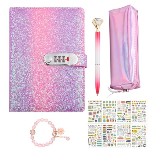 TXErfolg Tagebuch mit Schloss Mädchen Geschenke 7 8 9 10 11 12 13 Jahre, Schulanfang Tagebuch mit Code Ostergeschenke für Mädchen Teenager Alter 7-14, Mäppchen Stift Armband Aufkleber(Rosa) von TXErfolg
