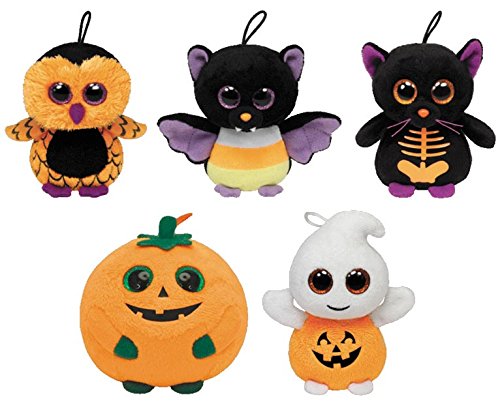 Ty Halloween Paket Beanie Boos Mini 8,5 cm 5tlg. - Fledermaus - Radar & Scaredy, Geist - Scary, Eule - Ozzie, Punkin - Kürbis von Ty Inc.