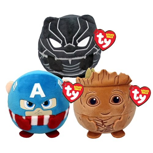 TY Beanie Balls Kinder Plüsch-Mehrpackungen - Black Panther, Captain America und Groot Teddy Plüsch Kinder Spielzeug-Set - Weiche Plüschtiere für Babys und Kinder von TY