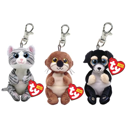 TY Beanie Bellies Schlüsselanhänger Multipack 2 Mitzi Katze, Ranger Hund, Mitch Otter Kinder Schlüsselanhänger, niedlicher & bequemer Schlüsselanhänger, Plüschtier Schlüsselanhänger von TY