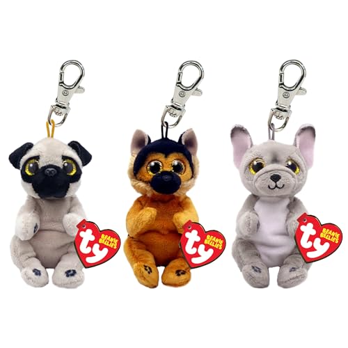 TY Beanie Bellies Schlüsselanhänger Multipack 3 Izzy Hund, Ace Hund, Wilfred Hund Kinder Schlüsselanhänger, niedlicher & bequemer Schlüsselanhänger, Plüschtier Schlüsselanhänger von TY