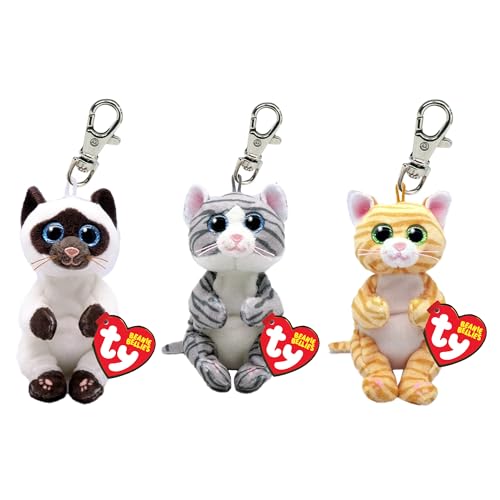 TY Beanie Bellies – Mango Cat, Miso Cat, Mitzi Cat – 3-teiliges Set Stofftier-Schlüsselclip – Weicher Plüsch-Schlüsselanhänger, Teddy-Schlüsselring, Sammelspielzeug für Kinder-Rucksack von TY